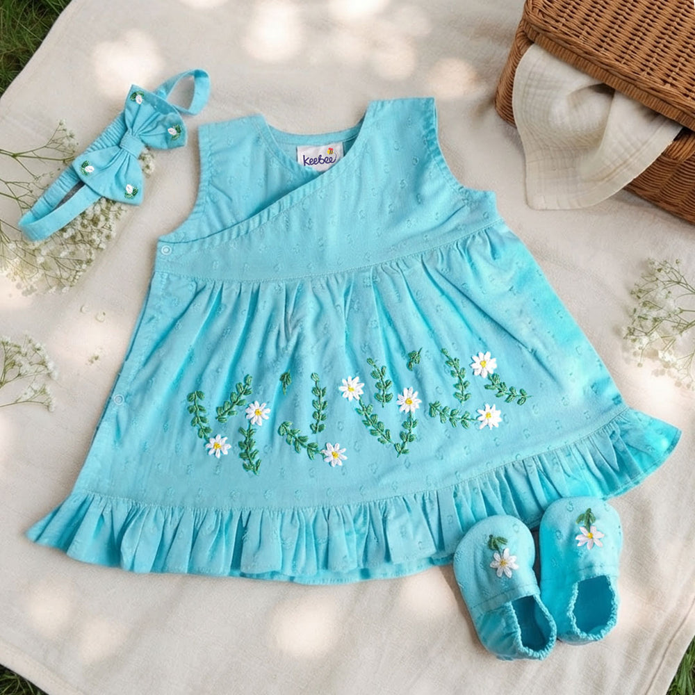 Baby Girl Embroidered Turquoise Blue Wrap Dress and Accessories Set - White Flowers