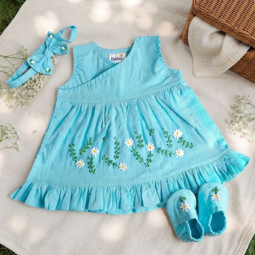 Baby Girl Embroidered Turquoise Blue Wrap Dress and Accessories Set - White Flowers