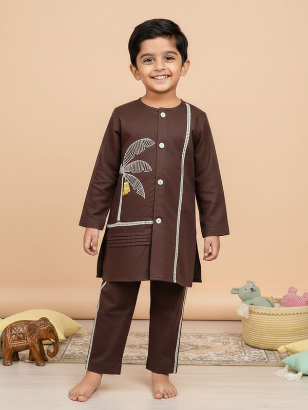 Boys Embroidered Choco Brown Kurta and Pajama Pants Set - Plantain