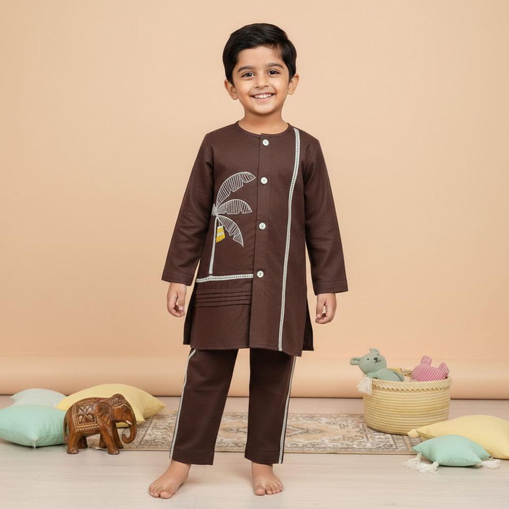 Boys Embroidered Choco Brown Kurta and Pajama Pants Set - Plantain