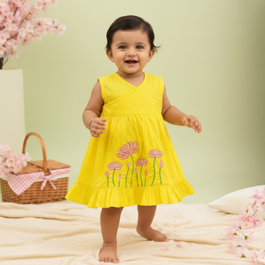Keebee Organic Cotton Embroidered Girls Yellow Jabla / Wrap Dress - Lotus Pond