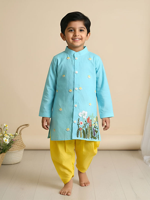 Boys Hand Embroidered Turquoise Blue Kurta paired with Patiala Pants - Flower Garden