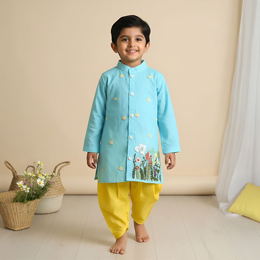 Boys Hand Embroidered Turquoise Blue Kurta paired with Patiala Pants - Flower Garden