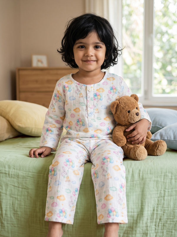 Kids Unisex Full Sleeve Lounge Nightsuit Pajama Set - Bunny with Balloons