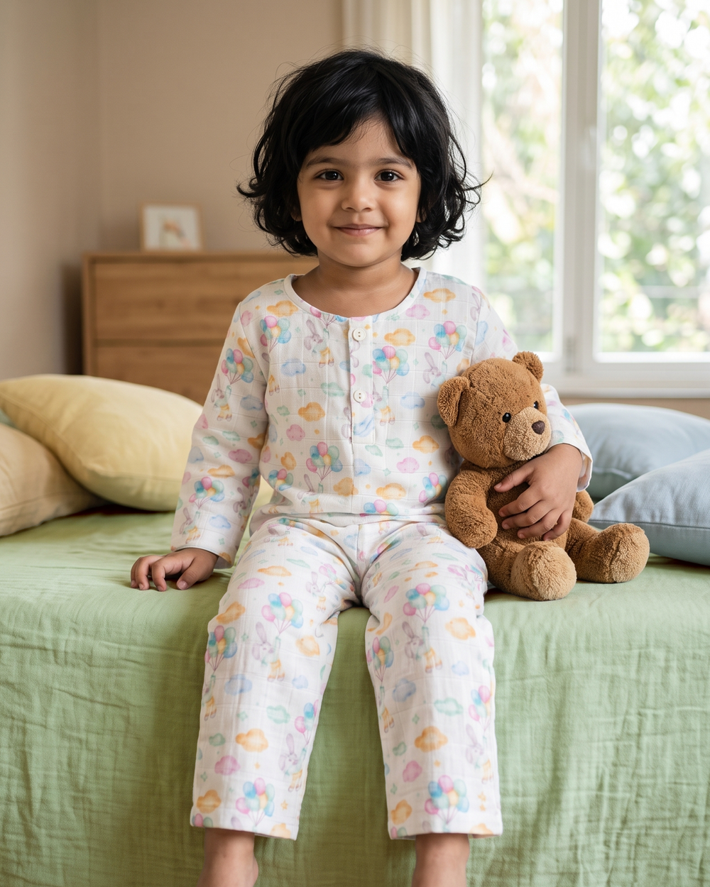 Kids Unisex Full Sleeve Lounge Nightsuit Pajama Set - Bunny with Balloons
