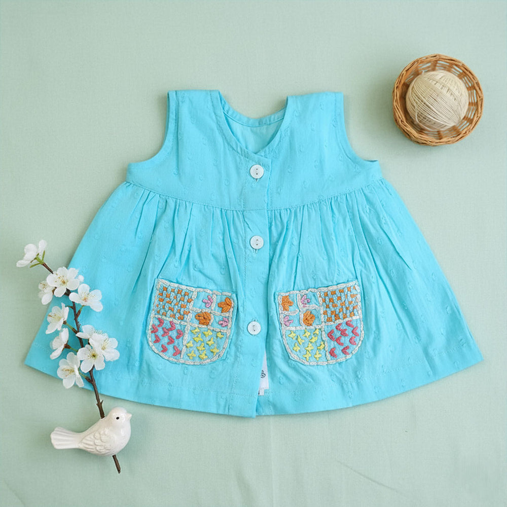 Embroidered Newborn Turquoise Blue Button Up Dress - Pockets