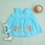 Embroidered Newborn Turquoise Blue Button Up Dress - Pockets