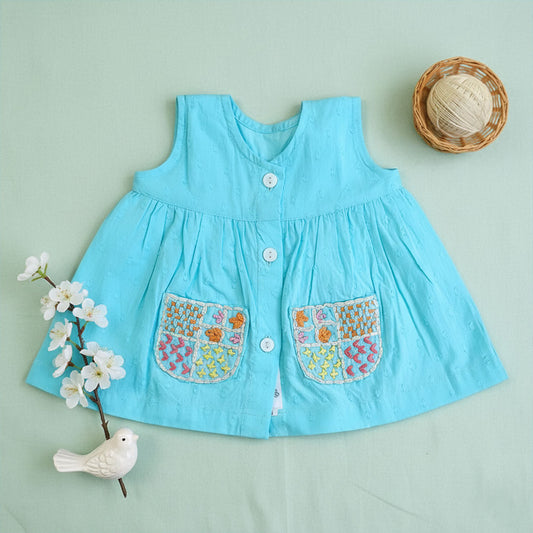 Keebee Organic Cotton Embroidered Newborn Baby Girl Turquoise Blue Button Up Dress - Pockets