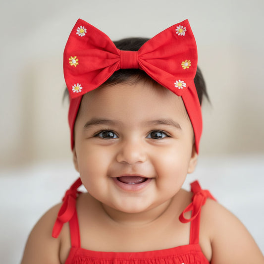 Keebee Organic Cotton Red Embroidered Classic Bow Headband - Colorful Flowers
