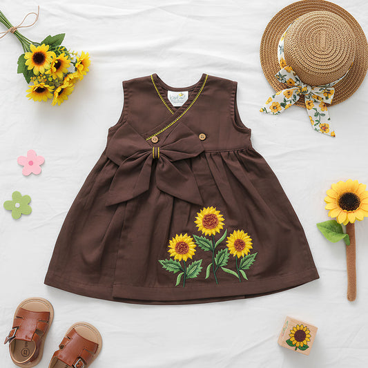 Keebee Organic Cotton Embroidered Girls Brown Overlap Dress - Sunflowers