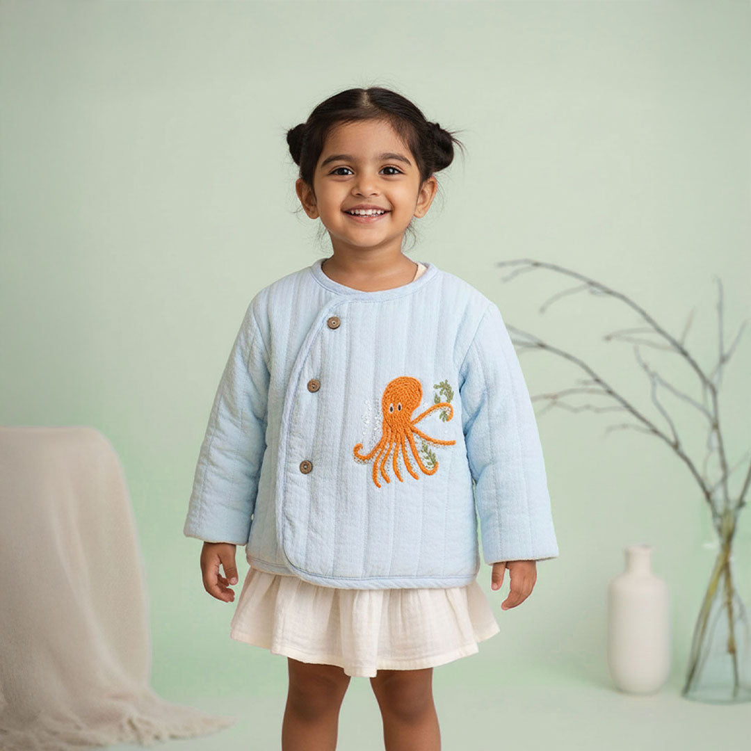 Keebee Organic Cotton Embroidered Baby Blue Button Up Quilted Jacket - Octopus