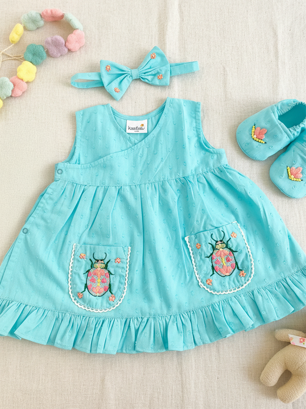 Baby Girl Embroidered Turquoise Blue Wrap Dress and Accessories Set - Bug In My Pocket
