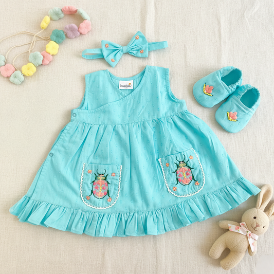 Keebee Organic Cotton Baby Girl Embroidered Turquoise Blue Wrap Dress and Accessories Set - Bug In My Pocket