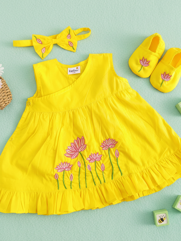 Baby Girl Embroidered Yellow Wrap Dress and Accessories Set - Lotus Pond
