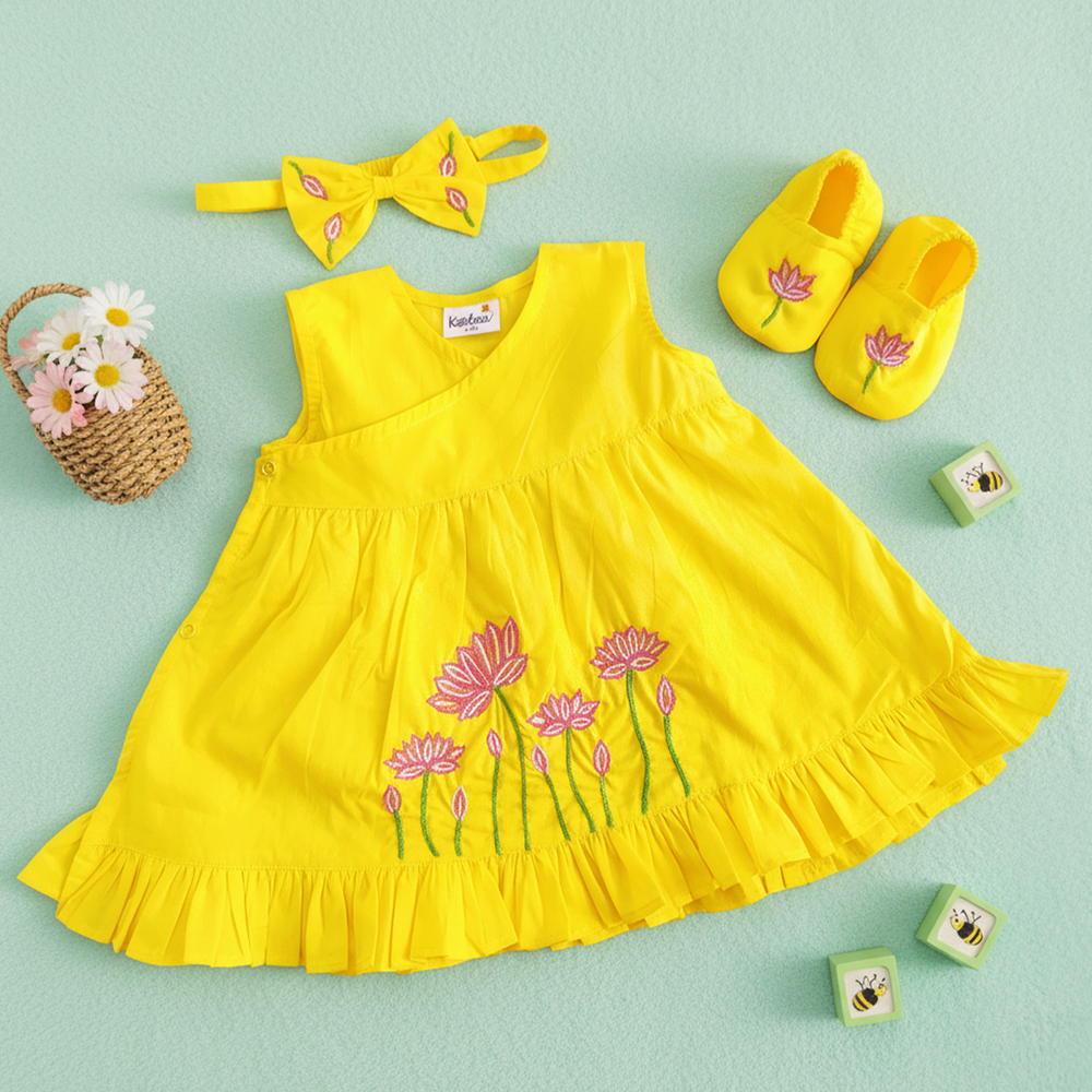 Baby Girl Embroidered Yellow Wrap Dress and Accessories Set - Lotus Pond