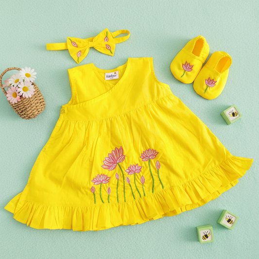 Keebee Organic Cotton Baby Girl Embroidered Yellow Wrap Dress and Accessories Set - Lotus Pond