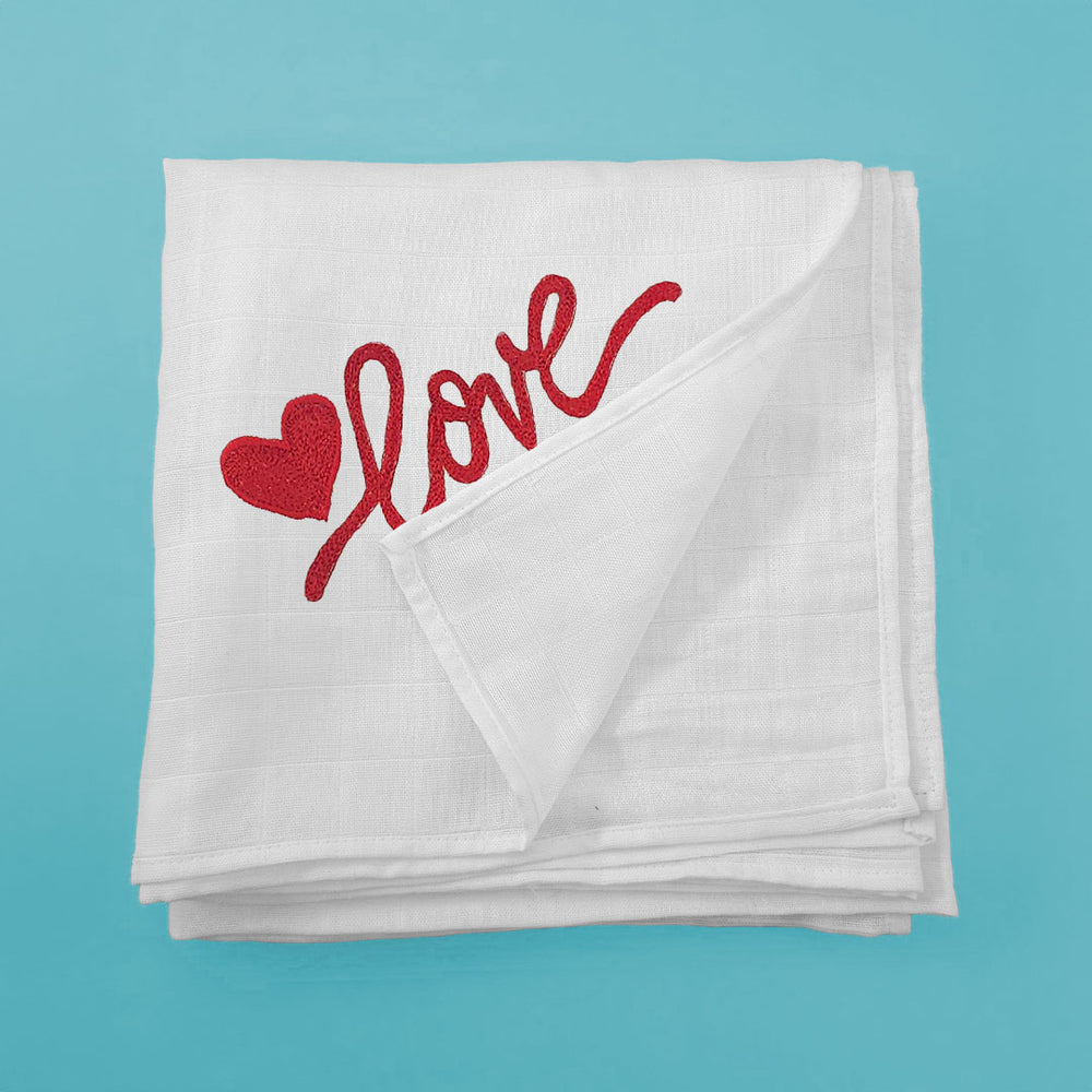Embroidered White Swaddle/Towel - Heart Full of Love