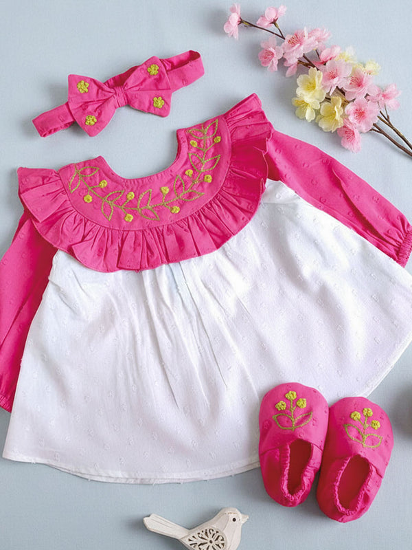 Embroidered Hot Pink and White Dress and Accessories Set - Garland of Flowers