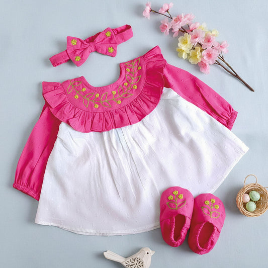 Keebee Organic Cotton Baby Girl Embroidered Hot Pink and White Dress and Accessories Set - Garland of Flowers
