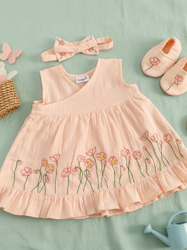 Baby Girl Embroidered Sweet Peach Wrap Dress and Accessories Set -Poppy Field