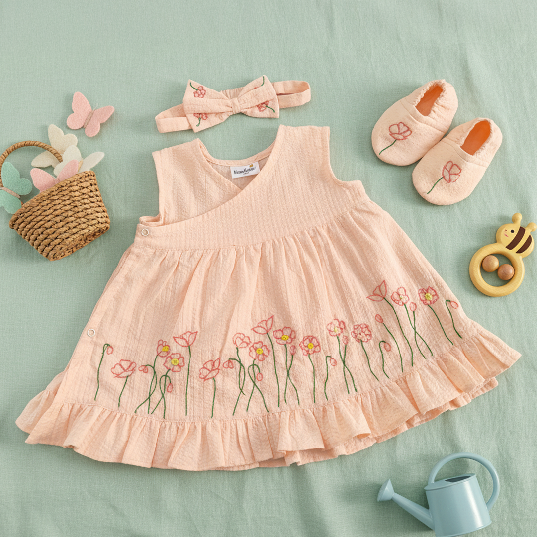 Keebee Organic Cotton Baby Girl Embroidered Sweet Peach Wrap Dress and Accessories Set -Poppy Field