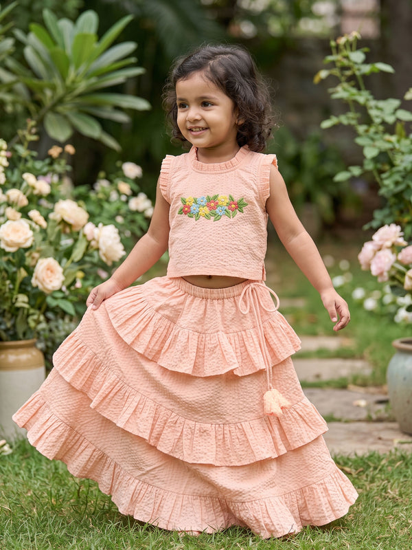Girls Embroidered Peach Lehenga and Choli Set - Sweet Peony