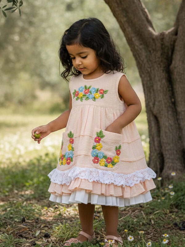 Keebee Organic Cotton Hand Embroidered Peony Dress - Peach