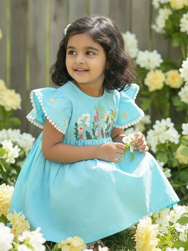 Embroidered Turquoise Blue Dress - Flower Garden