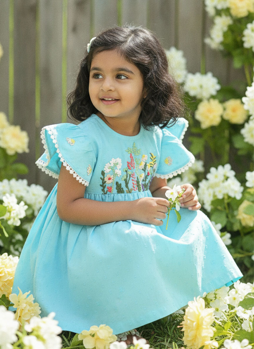 Embroidered Turquoise Blue Dress - Flower Garden