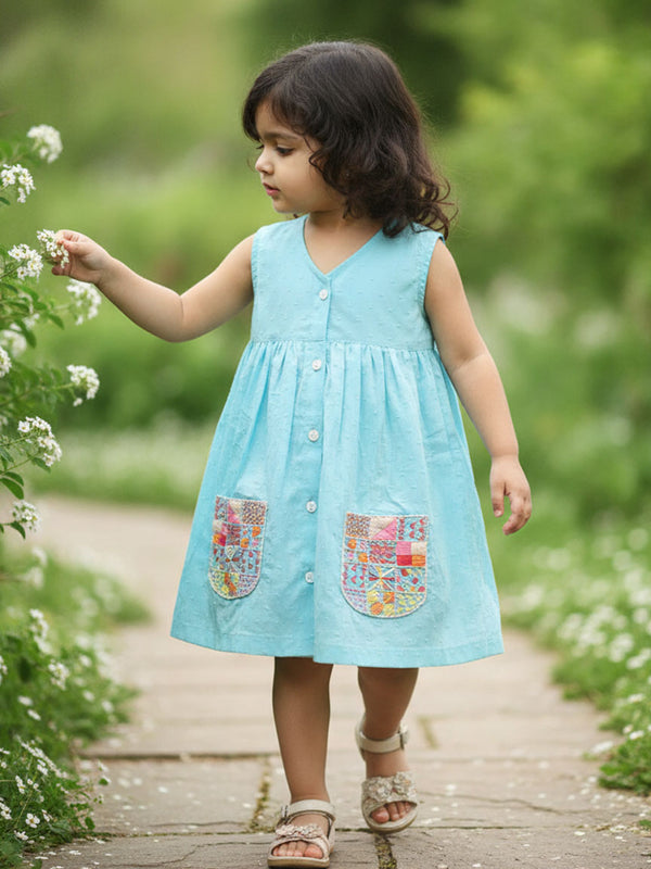 Hand Embroidered Turquoise Blue Dress with Pockets