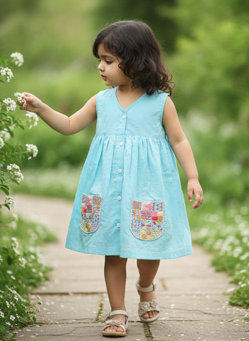 Hand Embroidered Turquoise Blue Dress with Pockets
