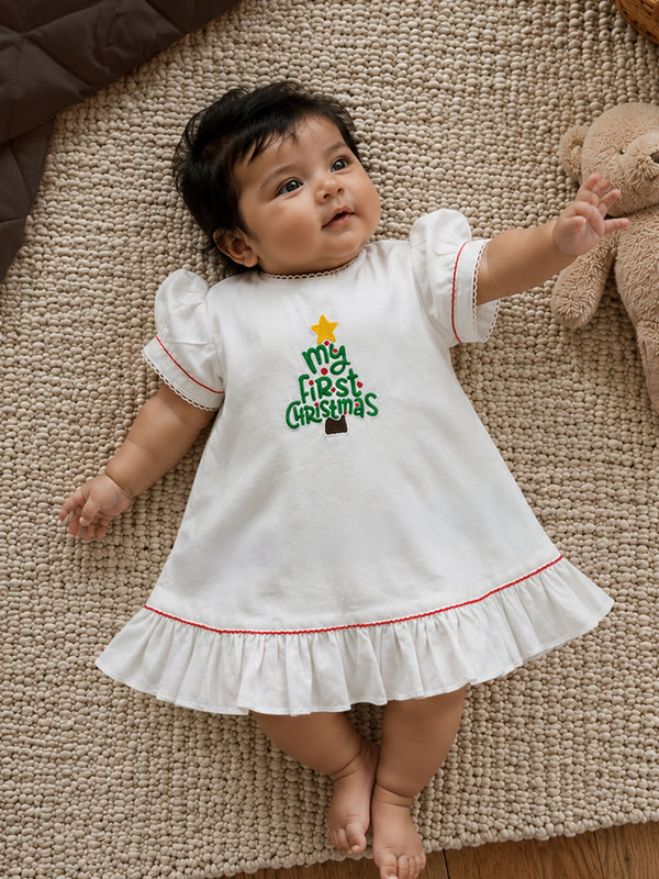 Embroidered White Puff Sleeve Dress - 'My First Christmas'