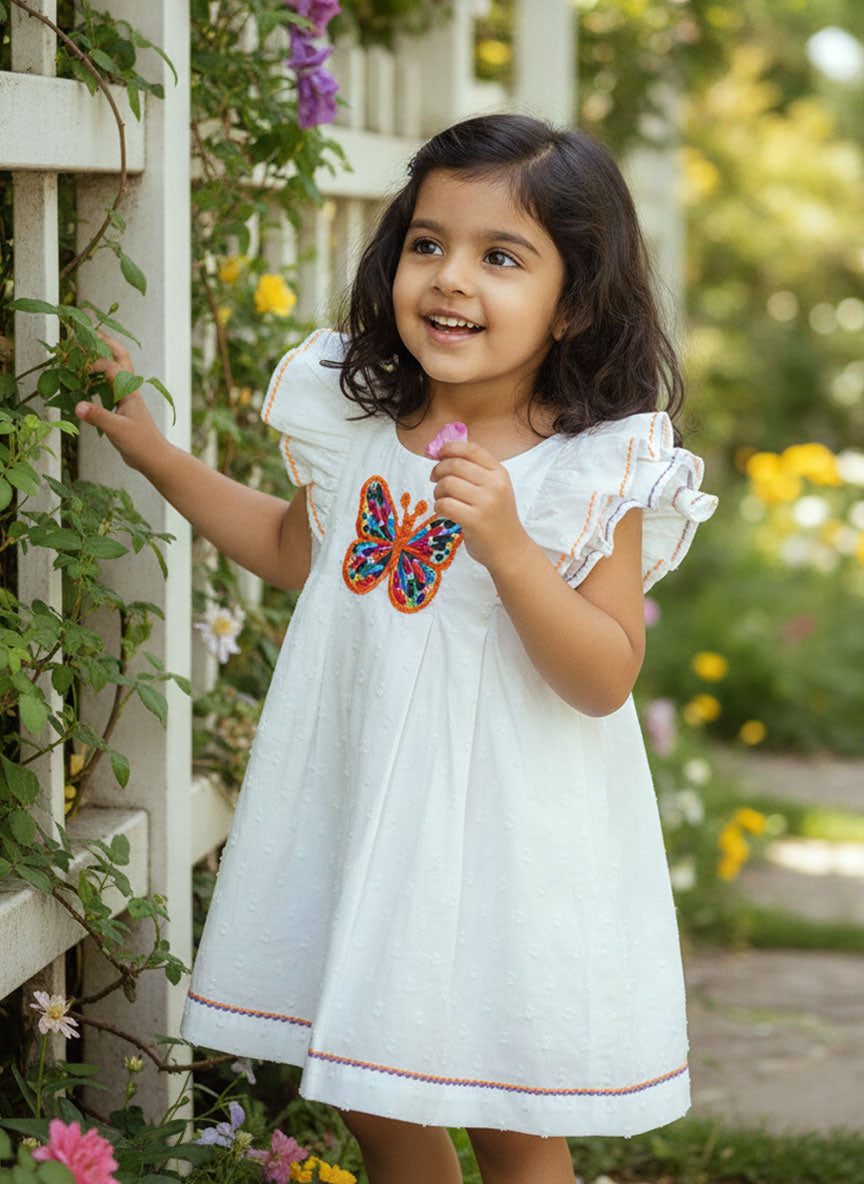 Embroidered White Iris Dress - Butterfly