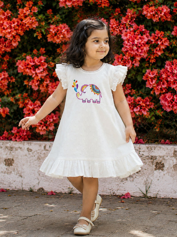 Hand Embroidered White Blossom Dress - Elephant