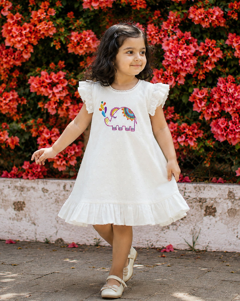 Hand Embroidered White Blossom Dress - Elephant