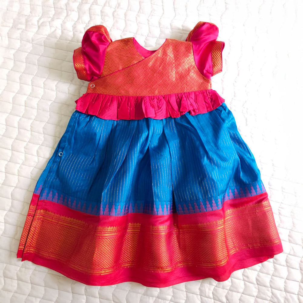 Baby Girl Handloom Raw Silk Ethnic Maxi Dress and Accessories Set - Pink and Blue