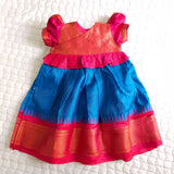 Baby Girl Handloom Raw Silk Ethnic Maxi Dress and Accessories Set - Pink and Blue