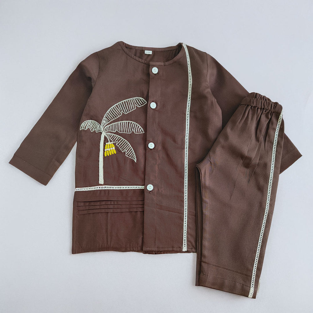 Boys Embroidered Choco Brown Kurta and Pajama Pants Set - Plantain