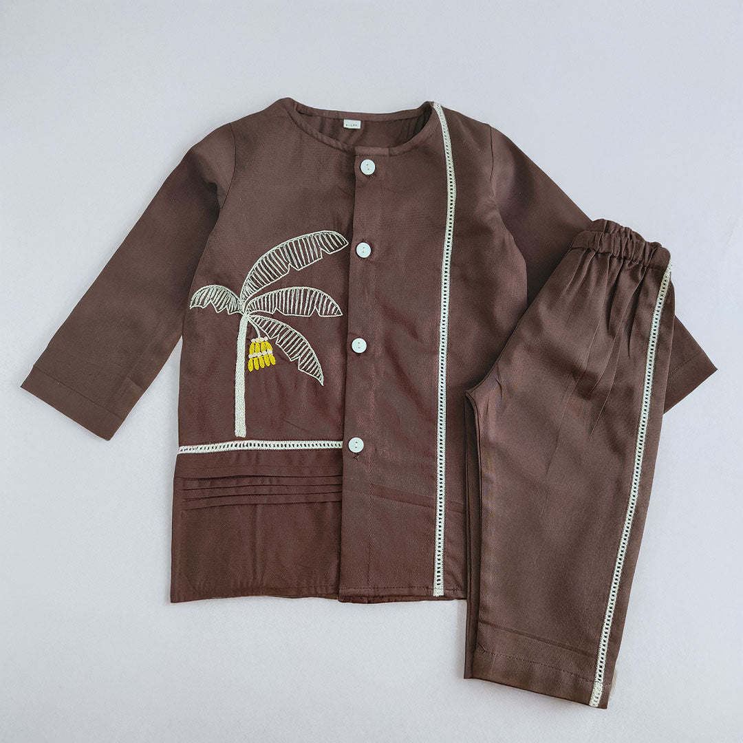 Keebee Organic Cotton Embroidered Choco Brown Kurta and Pajama Pants Set - Plantain