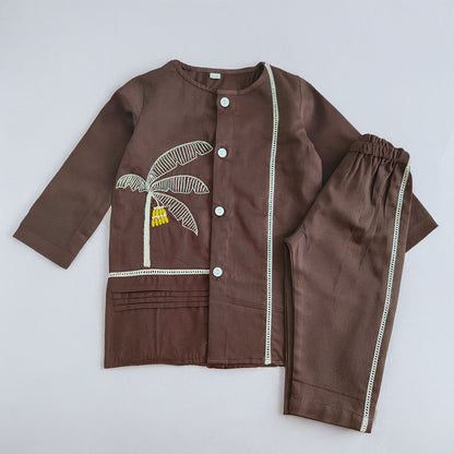 Embroidered Choco Brown Kurta and Pajama Pants Set - Plantain