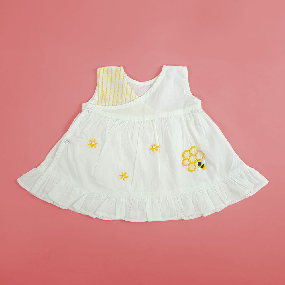 Embroidered Newborn White Wrap Dress - Honeycomb