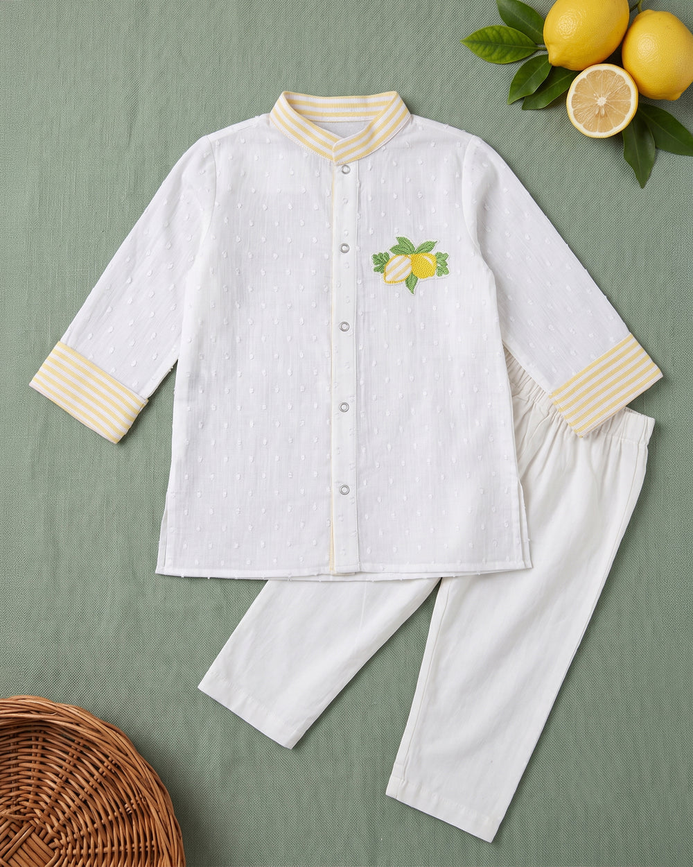 Boys Yellow and White Embroidered Kurta and Pajama Pants Set - Lemonade