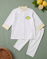 Boys Yellow and White Embroidered Kurta and Pajama Pants Set - Lemonade