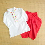 Baby Boy White Kurta paired with Red Patiala Pants - Festive Toran