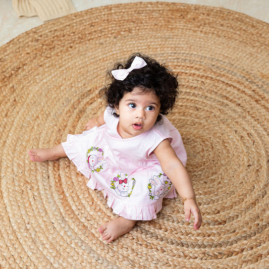 Keebee Organic Cotton Baby Pink Embroidered Girls Jabla / Wrap Dress - Rabbits