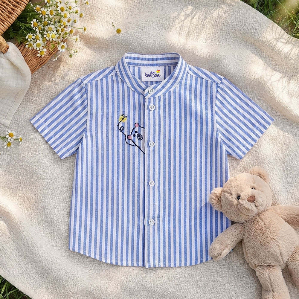 Boys Embroidered Blue and White Shirt - Peek-A-Bear