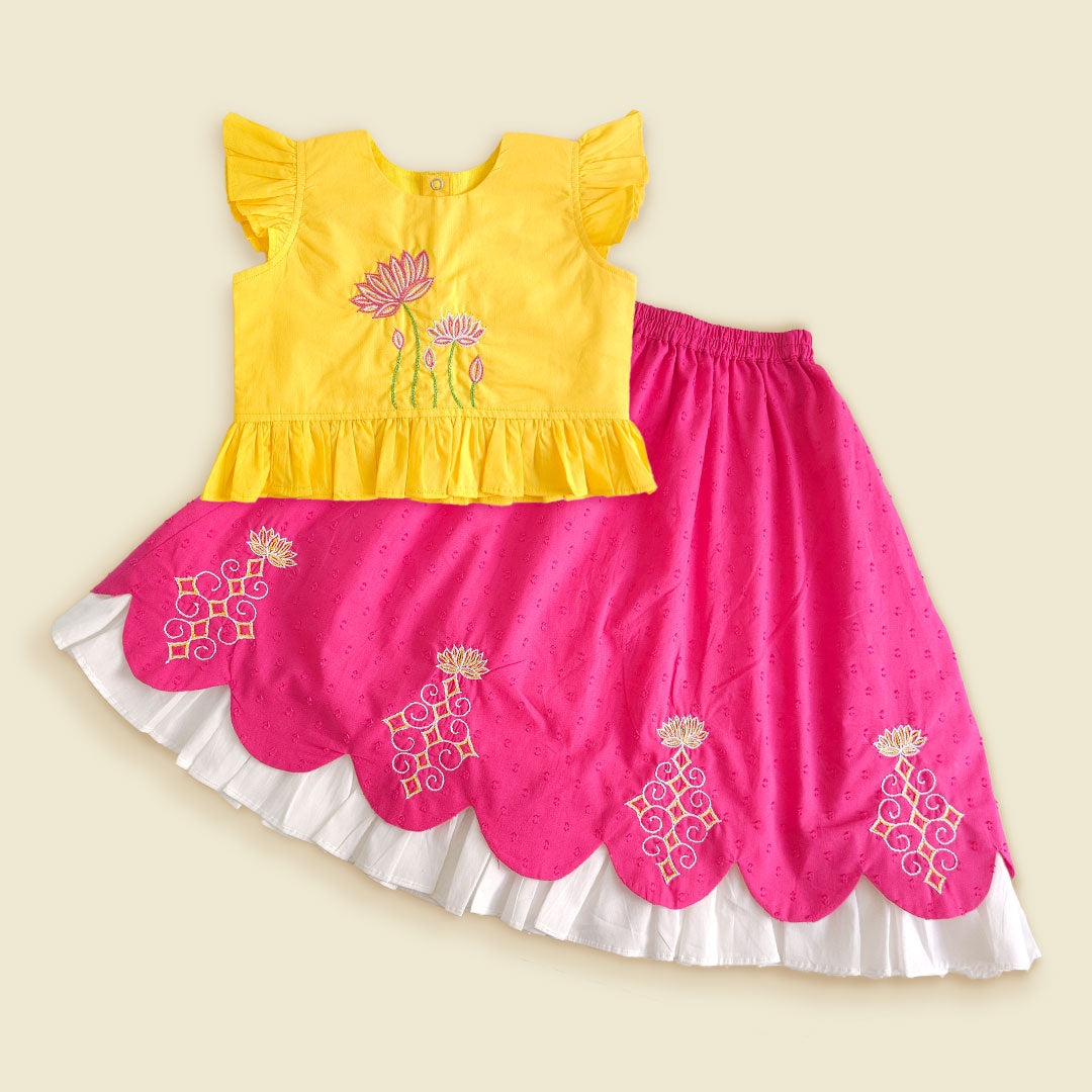 Keebee Organic Cotton Embroidered Embroidered Yellow and Hot Pink Lehenga Set - Lotus