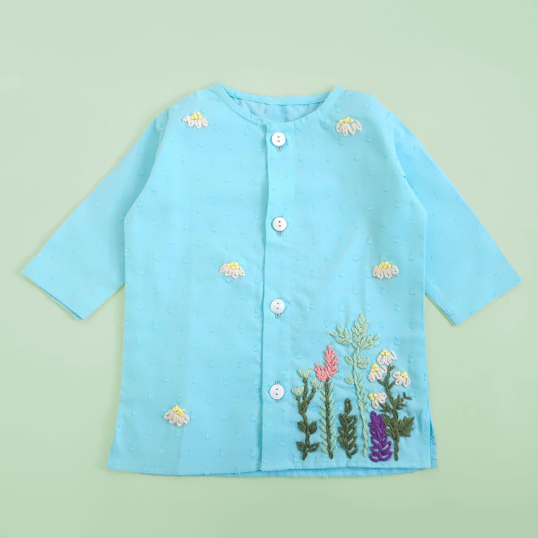 Keebee Organic Cotton Embroidered Turquoise Blue Newborn Kurta & Dhoti Pant Set – Flower Garden