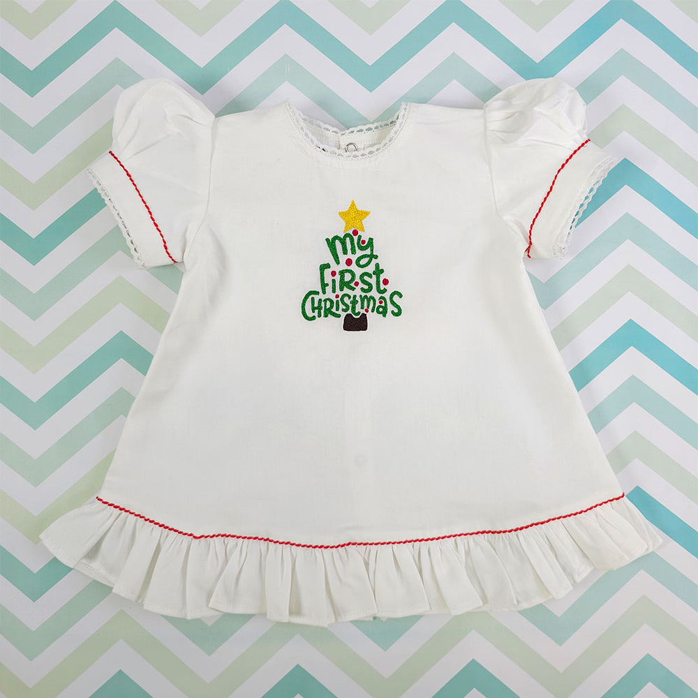 Embroidered White Puff Sleeve Dress - 'My First Christmas'