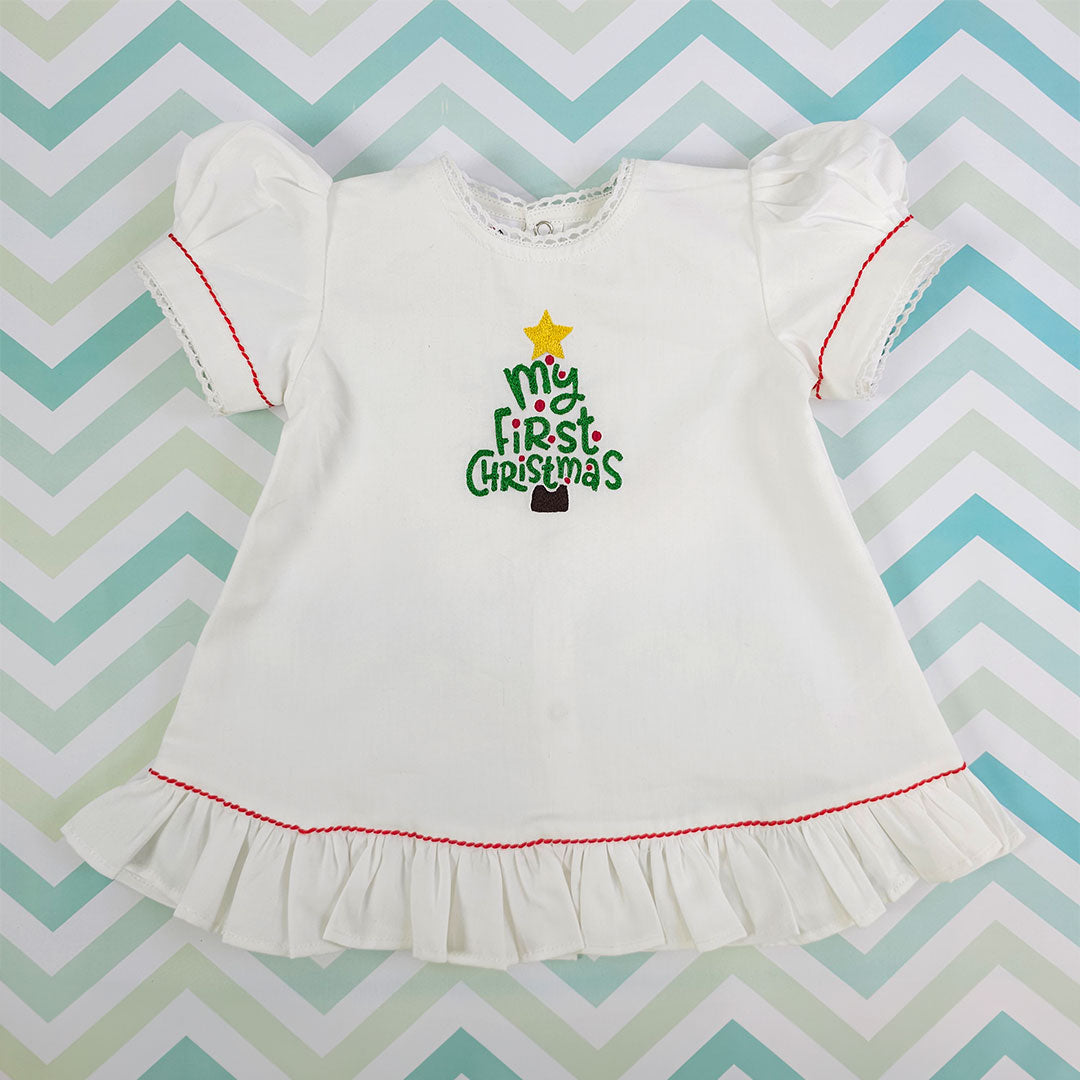 Keebee Organic Cotton Embroidered Baby Girl White Puff Sleeve Dress - 'My First Christmas'